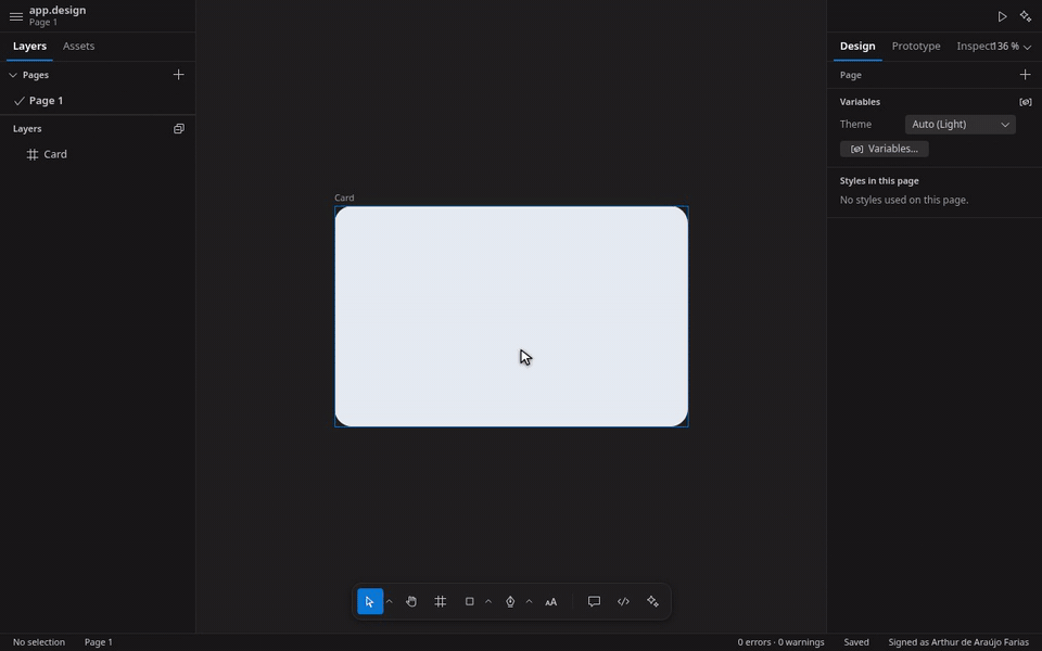 A colour variable with a Light and a Dark value, bound to a fill, then the card in Dark mode.