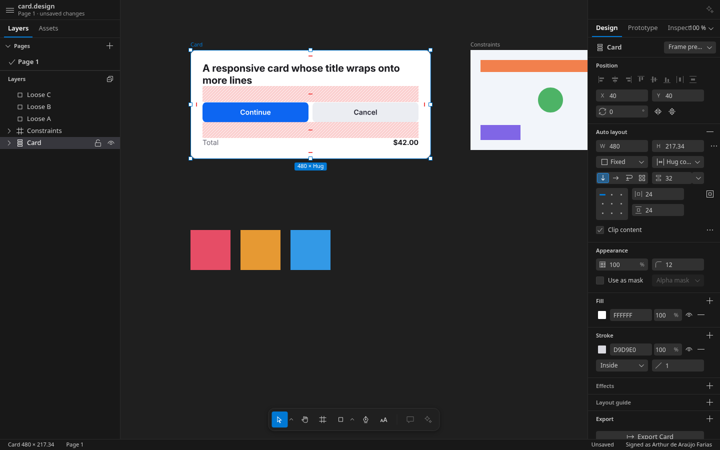 The editor in VS Code: the Layers view, the canvas with an auto layout frame, and the Design panel